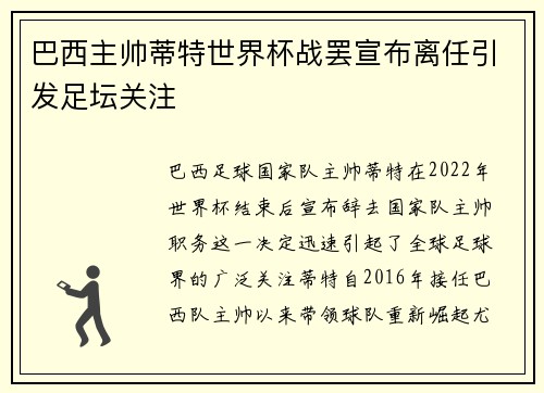 巴西主帅蒂特世界杯战罢宣布离任引发足坛关注 巴西主帅蒂特世界杯战罢宣布离任引发足坛关注