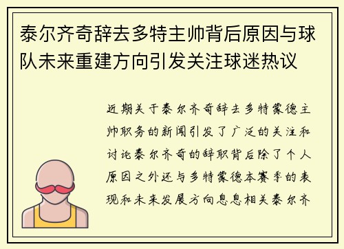 泰尔齐奇辞去多特主帅背后原因与球队未来重建方向引发关注球迷热议
